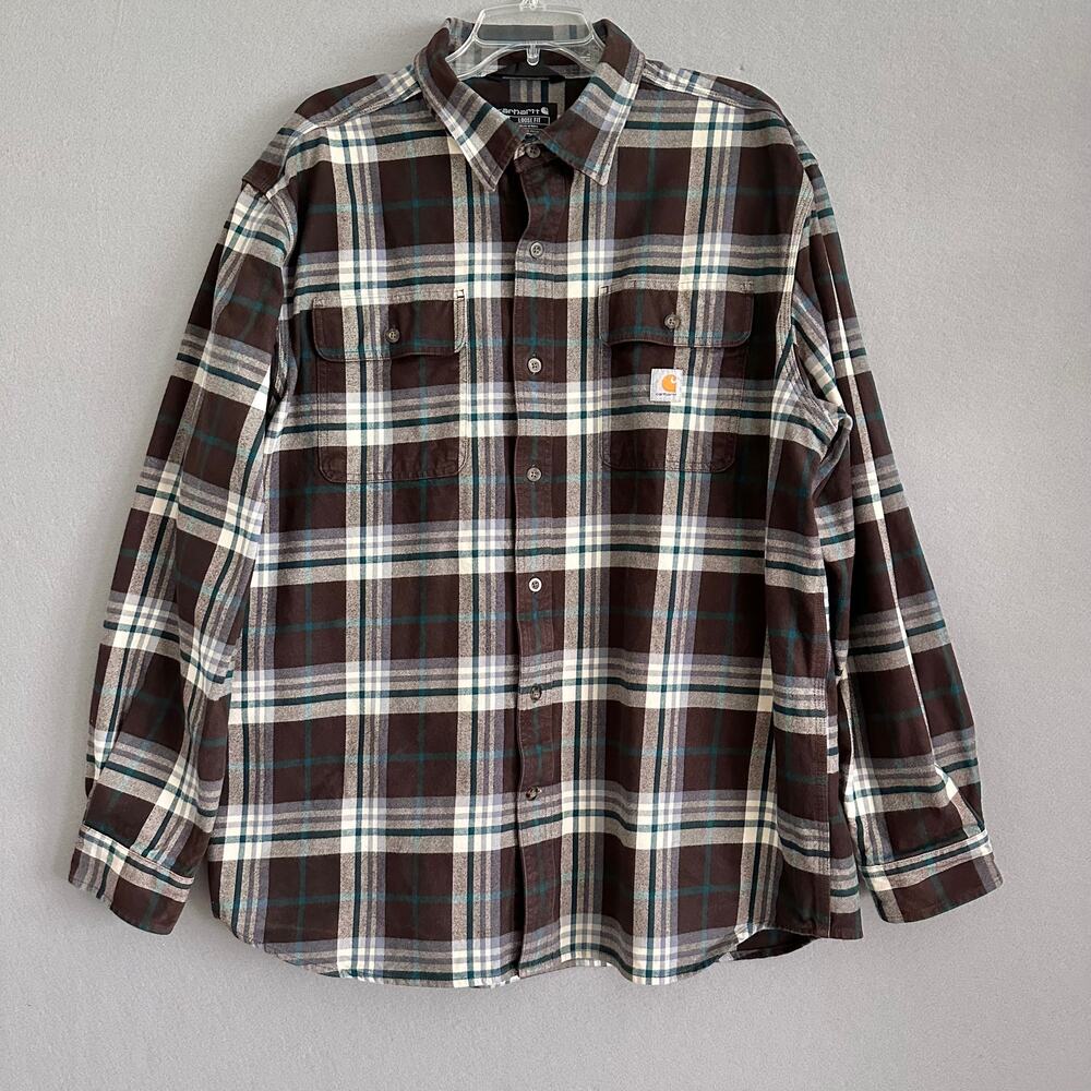 Carhartt Loose Fit Plaid Shirt Brown Green Cotton XL Regular Workwear Utility